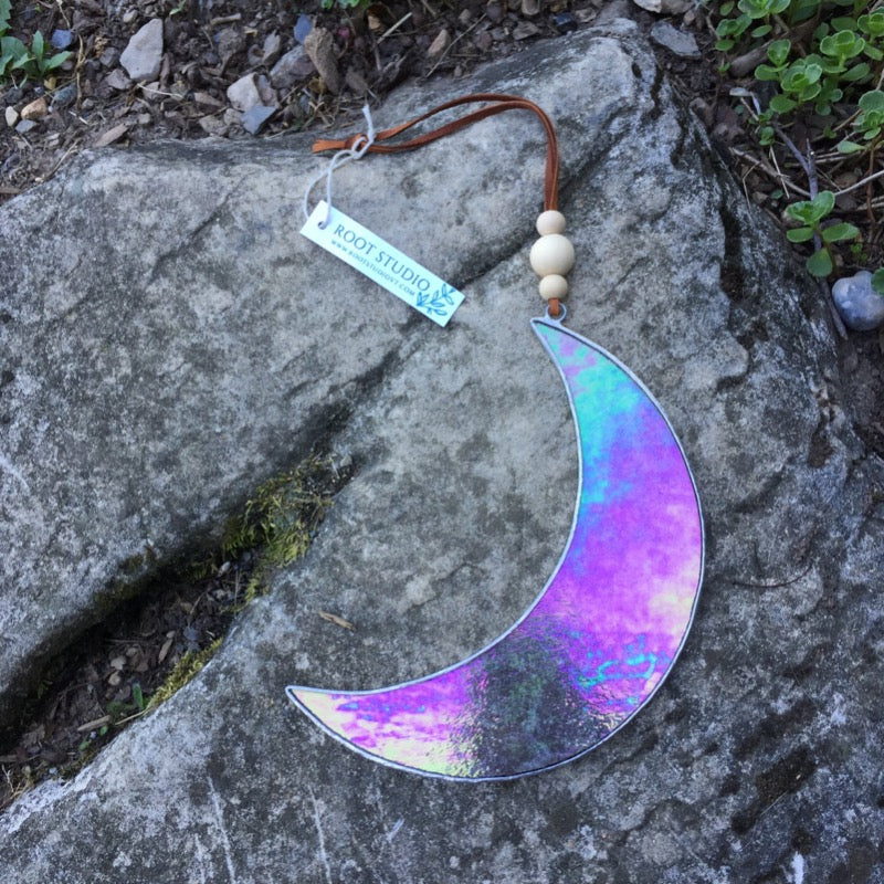 Crescent Moon Stained Glass Iridescent and Clear Textured Glass Leaded Glass deals Suncatcher Window hanging