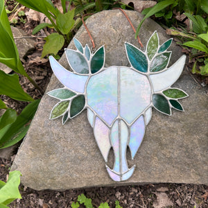 Stained Glass Cow Skull with Leaves